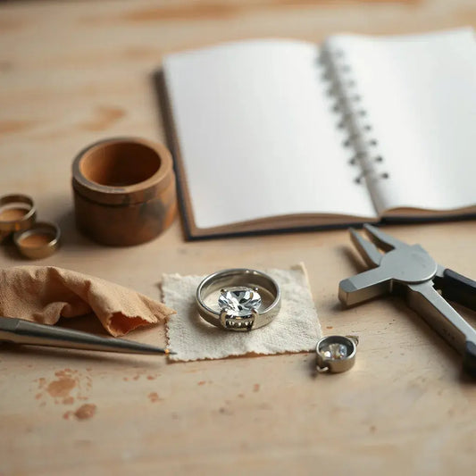 Custom made jewellery setting on a jeweller’s workbench with tools and soft studio lighting