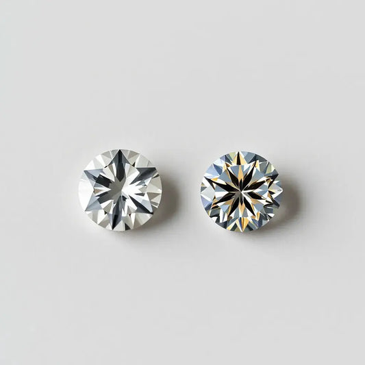Side-by-side lab grown and natural diamonds in simple prong settings on a neutral background
