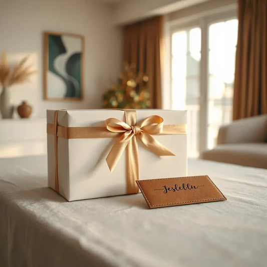 Luxury gift box with ribbon and a small personalization card on a minimalist table