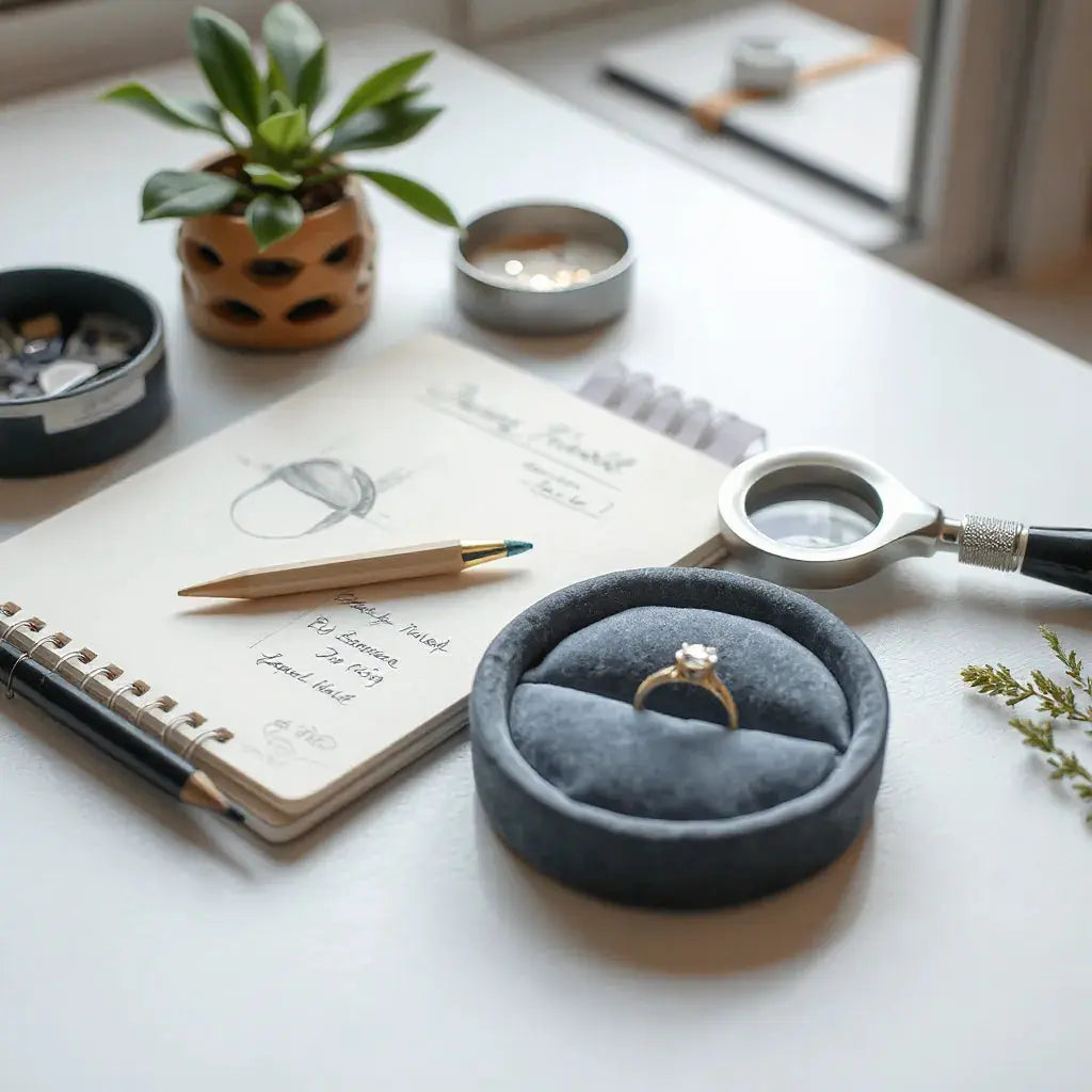 Handcrafted engagement ring setting on a velvet tray beside ring design sketches in a bright workshop