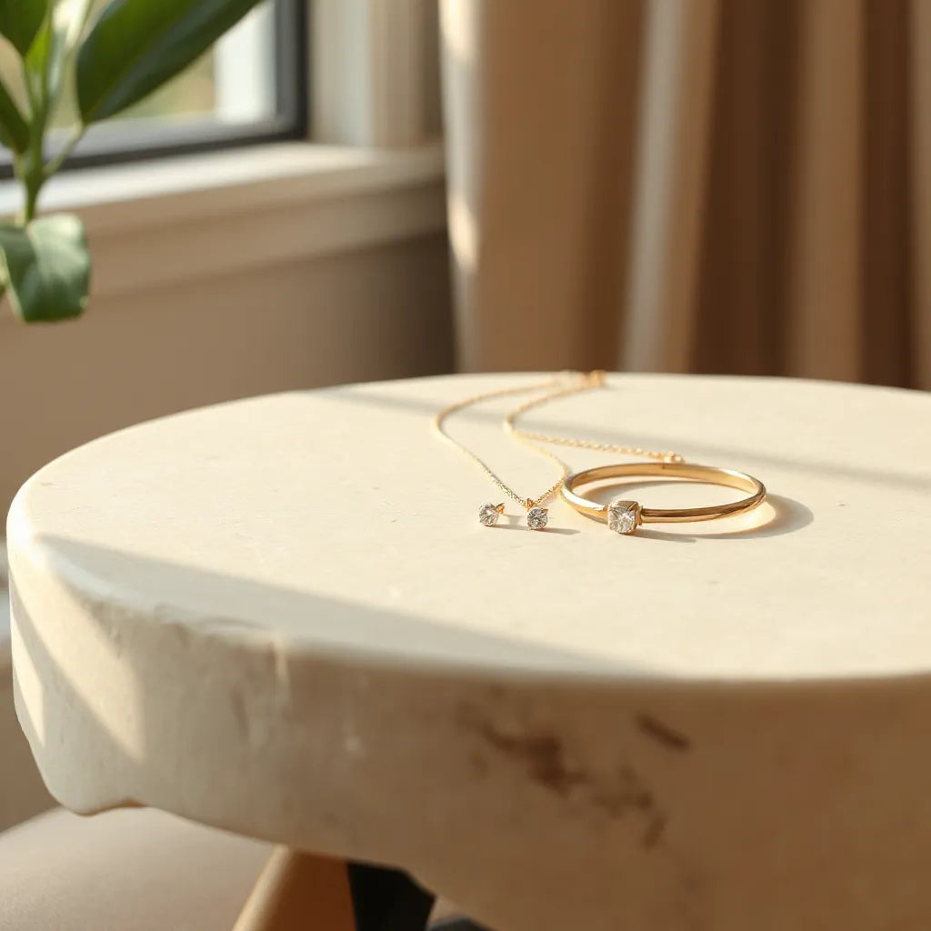 Delicate gold-tone necklace, stud earrings, and slim bracelet on a light stone surface