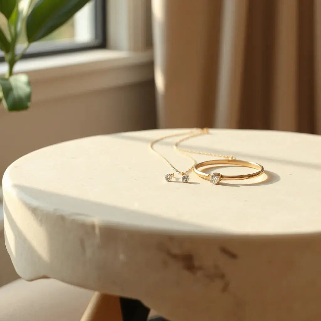 Delicate gold-tone necklace, stud earrings, and slim bracelet on a light stone surface