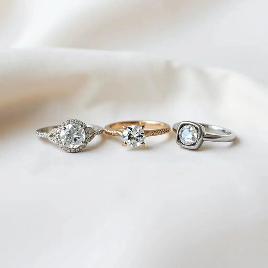 Three distinct engagement rings with different settings and sparkling stones on a neutral background