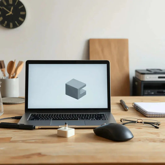 Laptop displaying a clean 3D CAD model with a small prototype part on a workbench