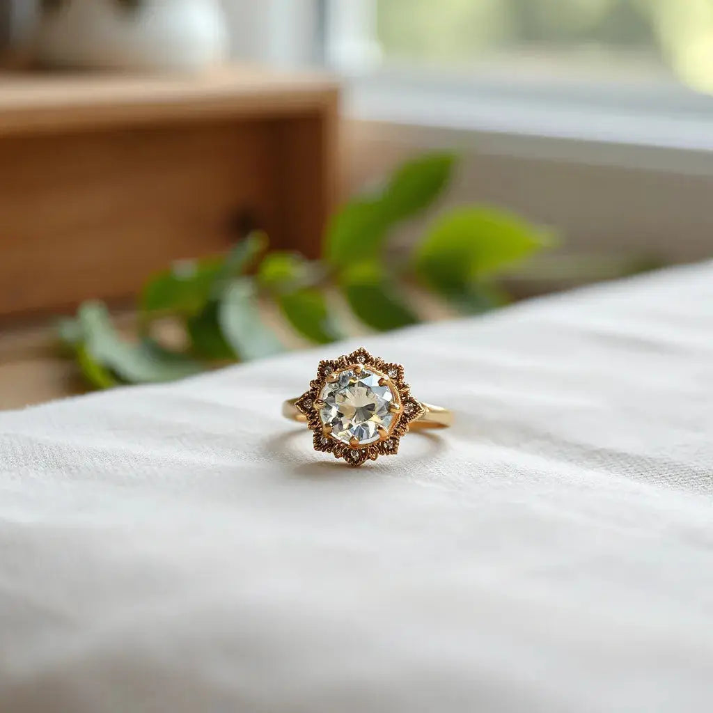 Vintage-inspired engagement ring with ornate antique setting in warm gold tones