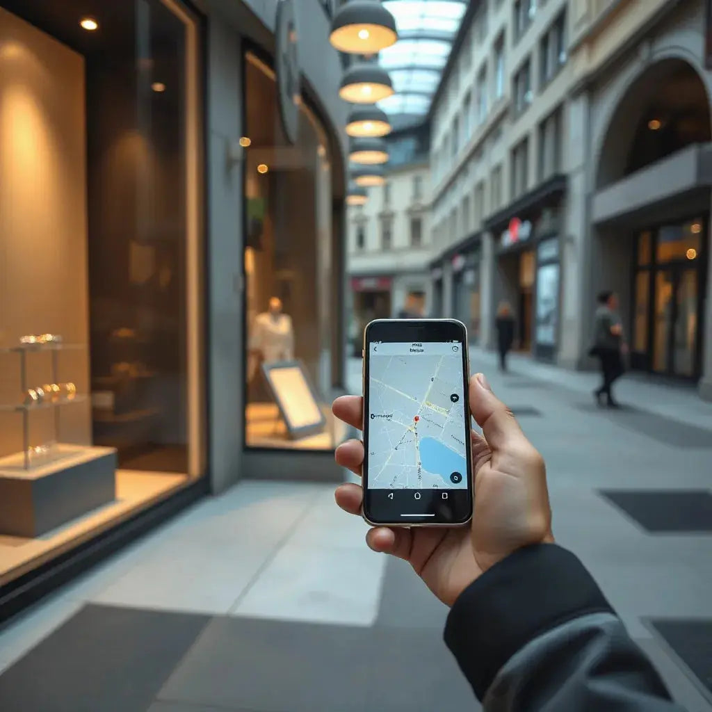 Gloved shopper browsing jewelry in a storefront while checking a map on a smartphone