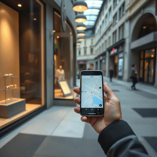 Gloved shopper browsing jewelry in a storefront while checking a map on a smartphone