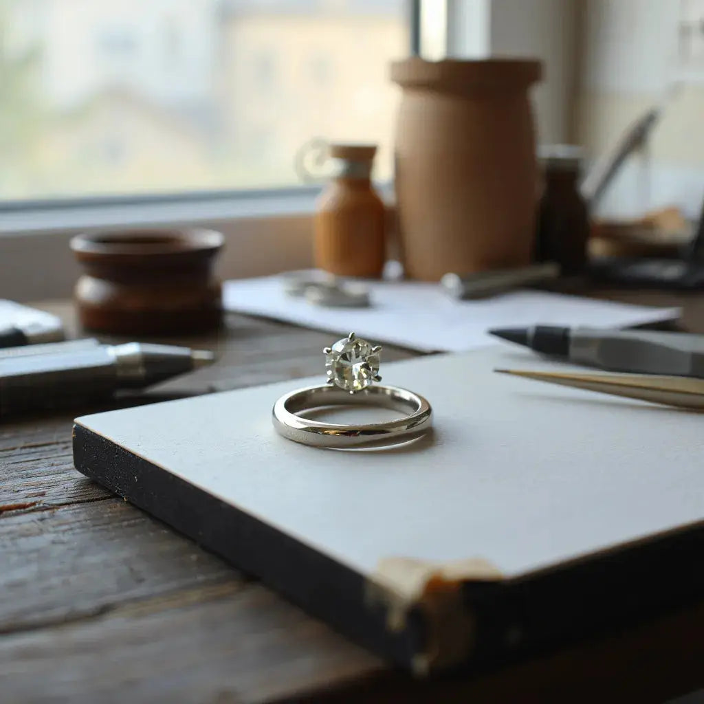 Custom engagement ring design on a jeweler’s workbench with gemstone and metal band under soft light