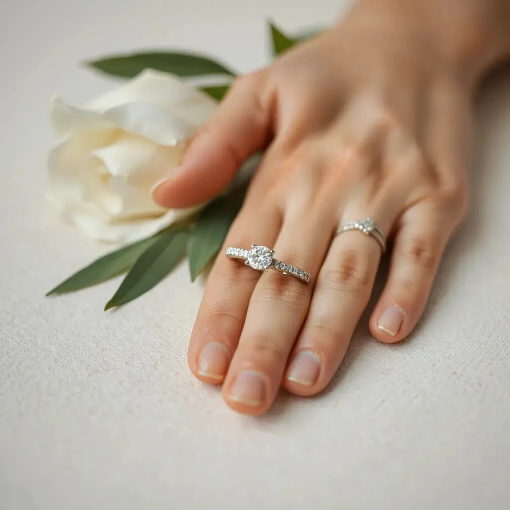 Sparkling pave diamond engagement ring resting on a neutral surface with soft natural light