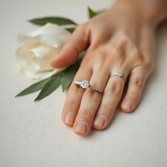 Sparkling pave diamond engagement ring resting on a neutral surface with soft natural light