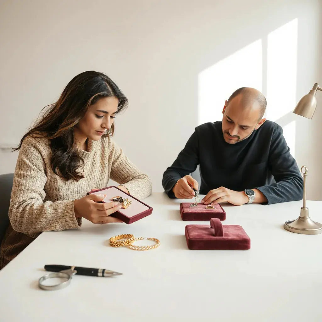 Jewellery expert and client reviewing rings and a necklace on a display tray in a bright workshop