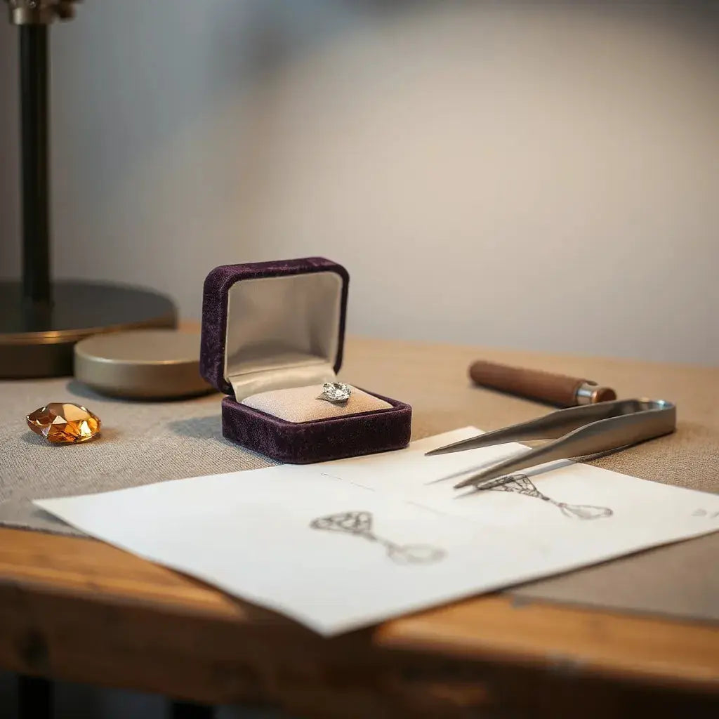 Diamond and metal setting pieces on a jeweler’s workbench with a jewelry box