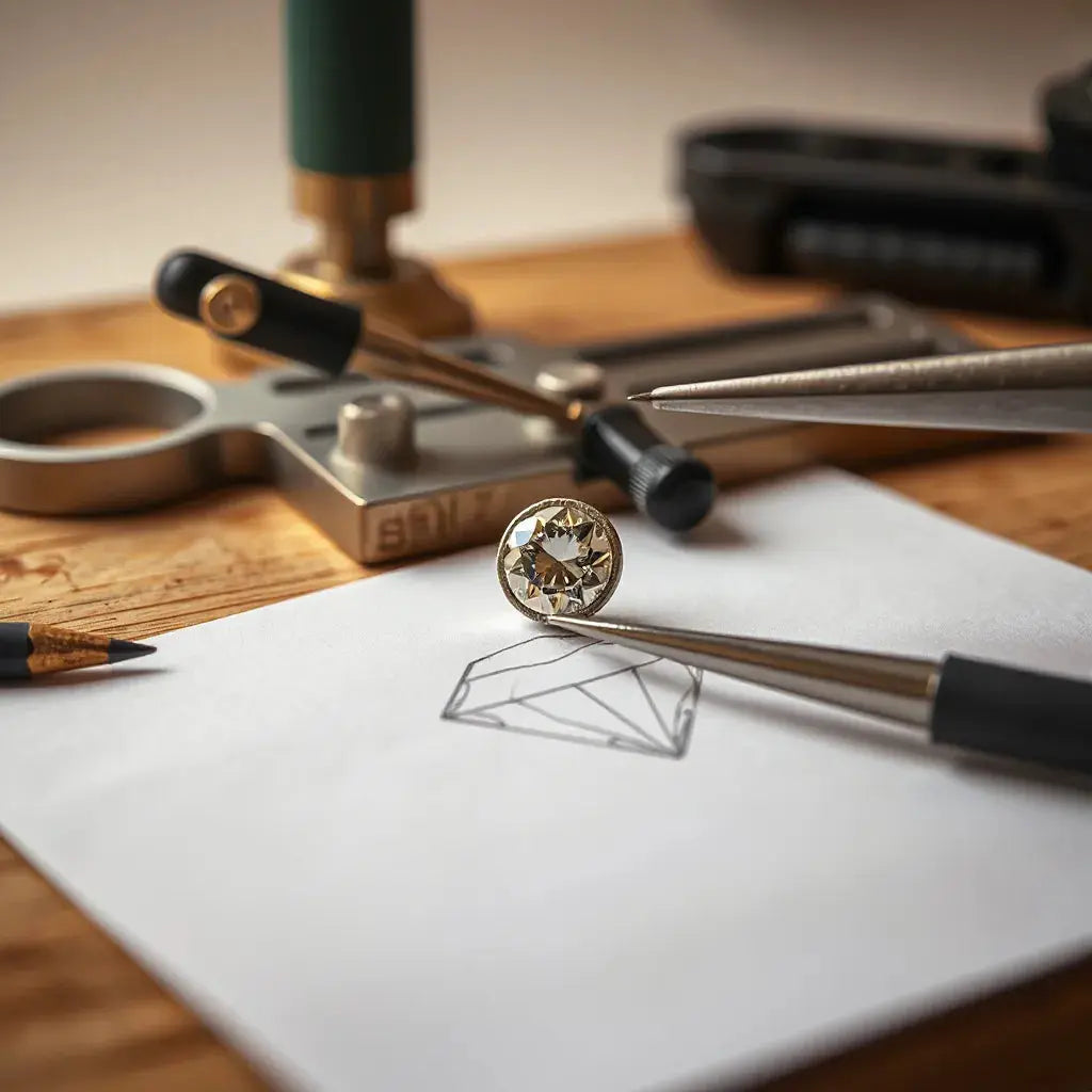 Diamond and jeweler tools on a clean workbench during custom design