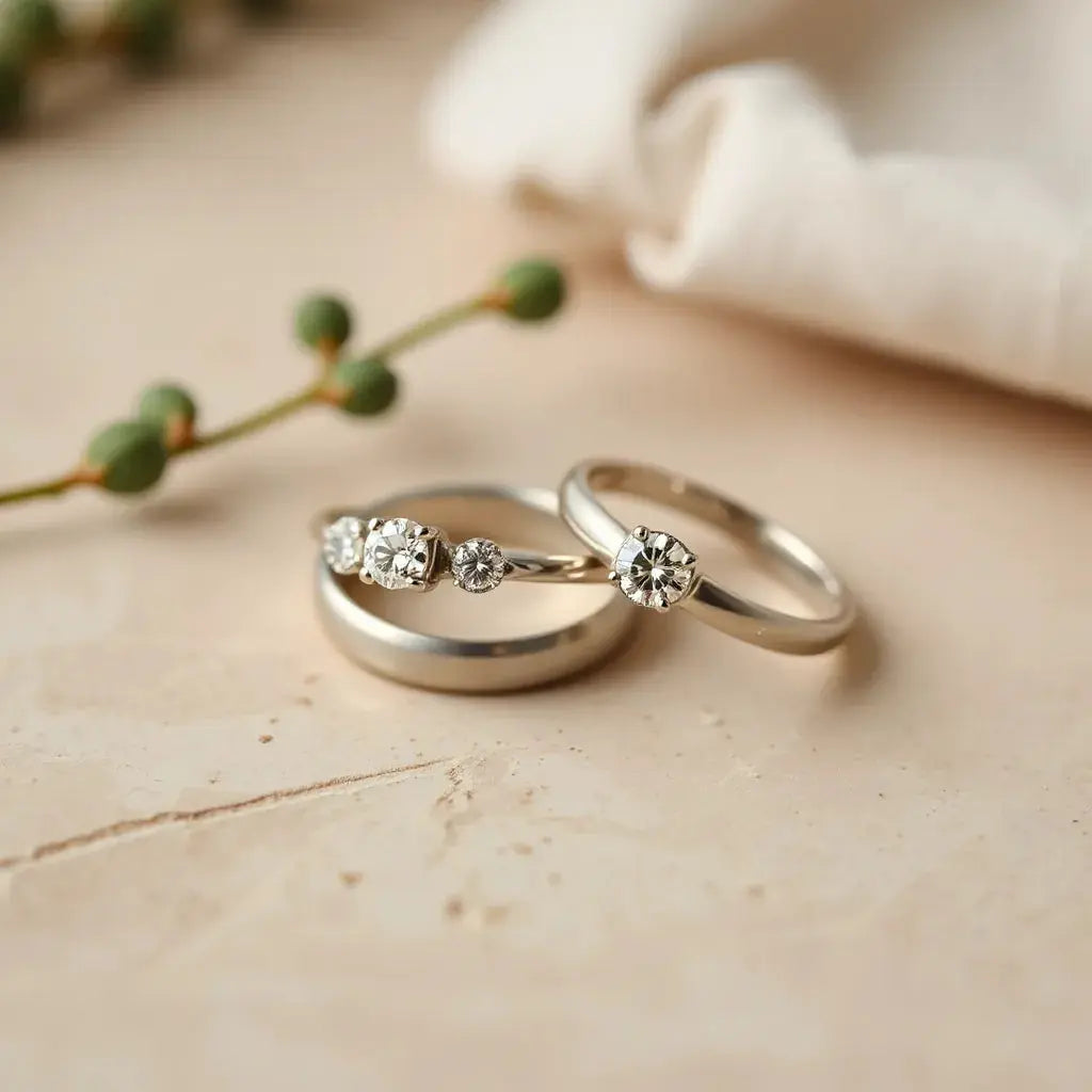 Two elegant engagement rings with minimalist settings on a neutral background under soft natural light