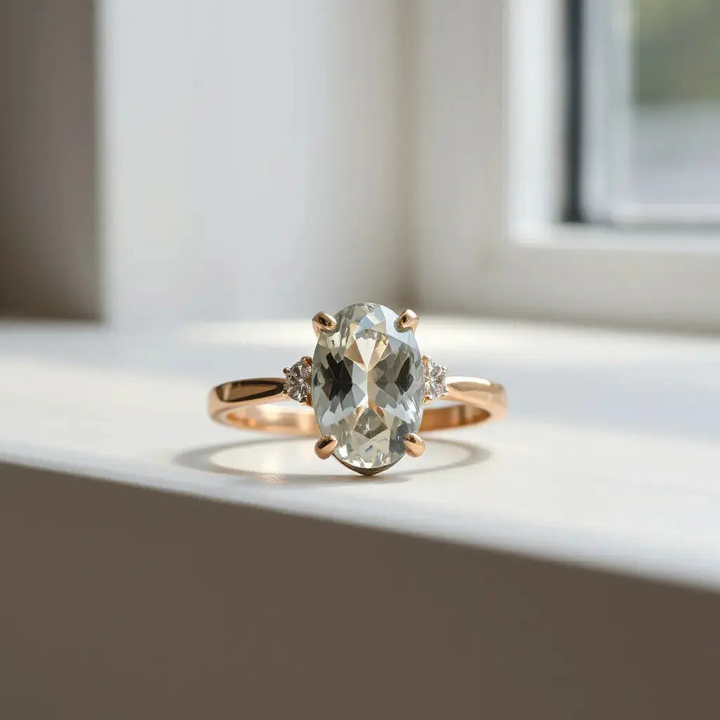 A faceted Portuguese cut ring on a neutral background with soft light highlighting its sparkle