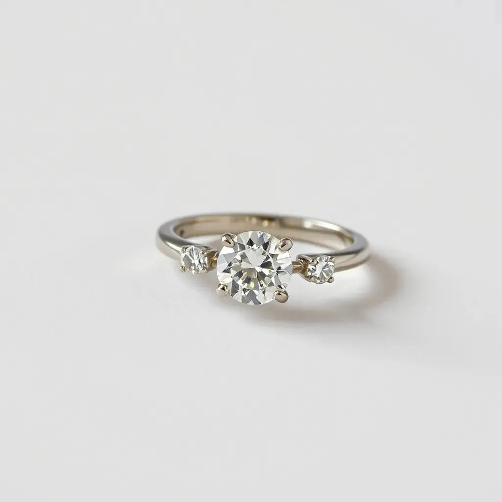 Diamond ring with side stones and a central gem, shown with soft studio lighting on a neutral background