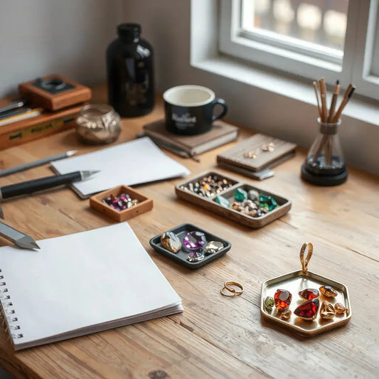 Jeweler crafts a gold pendant with gemstone samples and design sketches in a bright studio