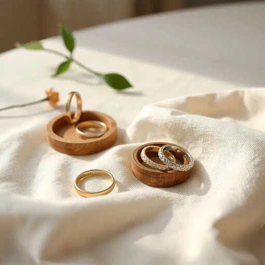 Assorted handcrafted metal rings arranged on neutral fabric with soft studio lighting