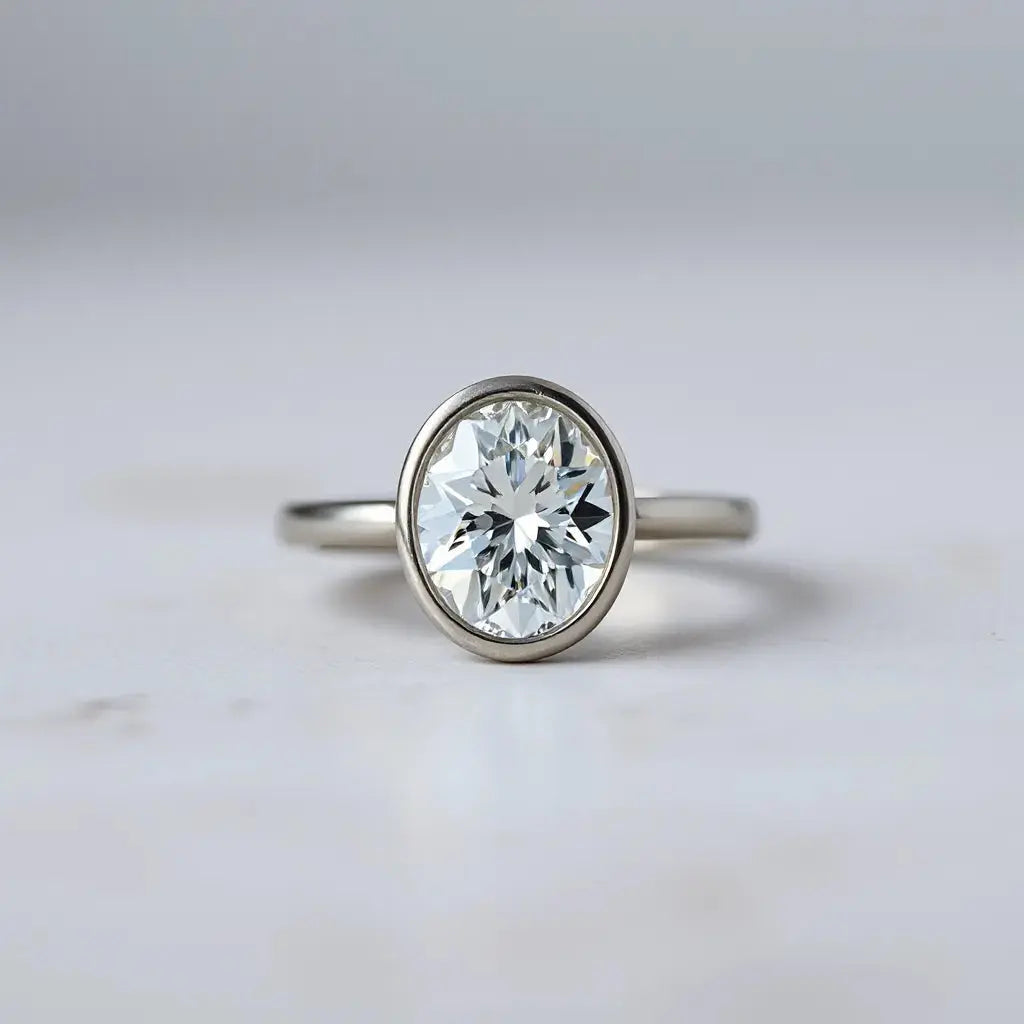 Large oval diamond in a simple platinum bezel ring, shown with crisp facet detail
