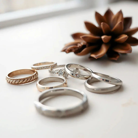 Assorted unique wedding bands with textured and gemstone accents on a minimal neutral background
