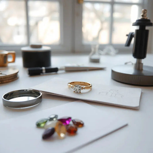 Custom engagement ring on a jeweler’s bench with diamond and design tools nearby