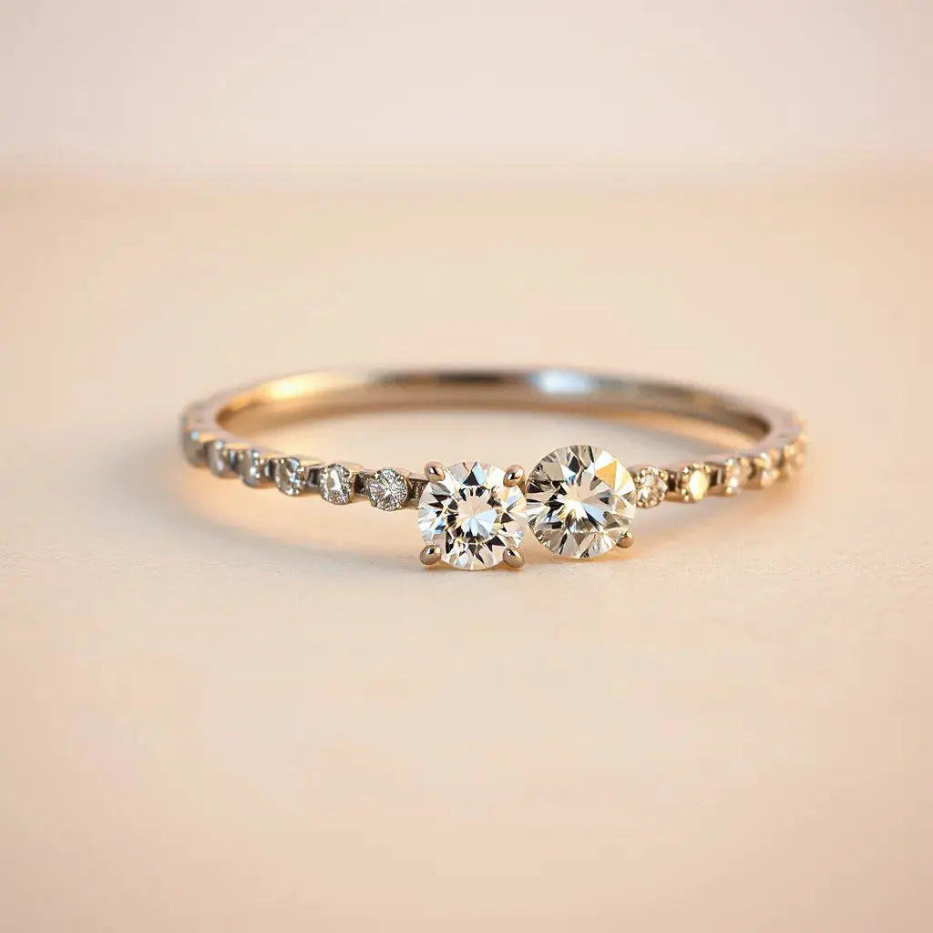 Diamond jewelry with sharp facets sparkling under warm studio light on a neutral background