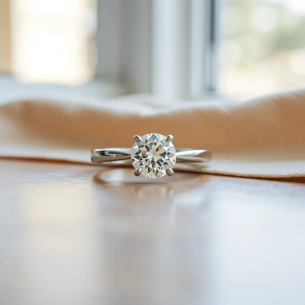 A lab-grown diamond engagement ring with a solitaire setting and sparkling center stone on a neutral background