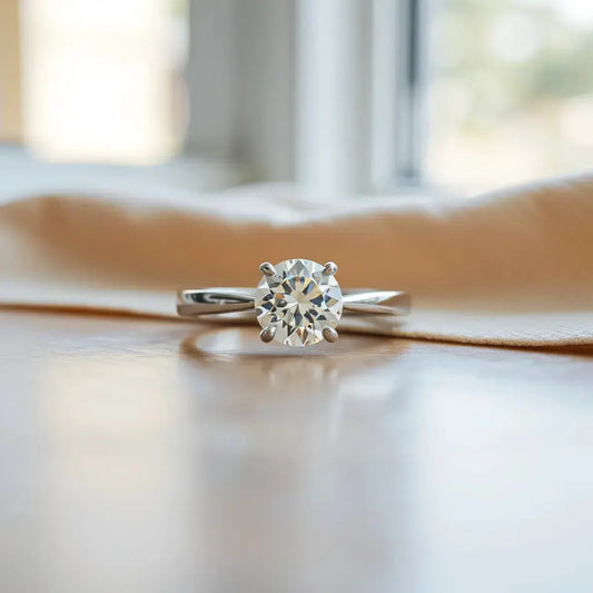 A lab-grown diamond engagement ring with a solitaire setting and sparkling center stone on a neutral background