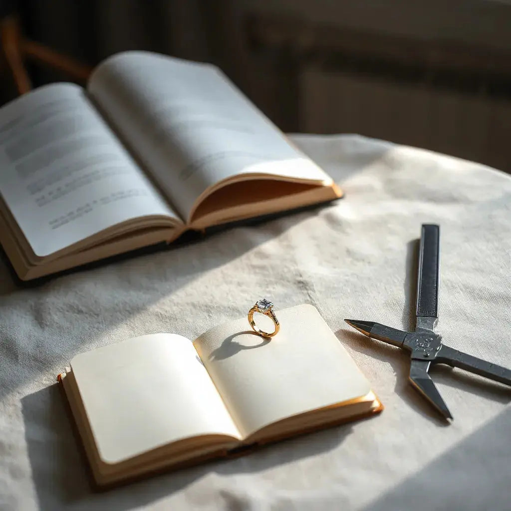 Partly crafted engagement ring on a jeweler’s bench with tools and a gemstone setting