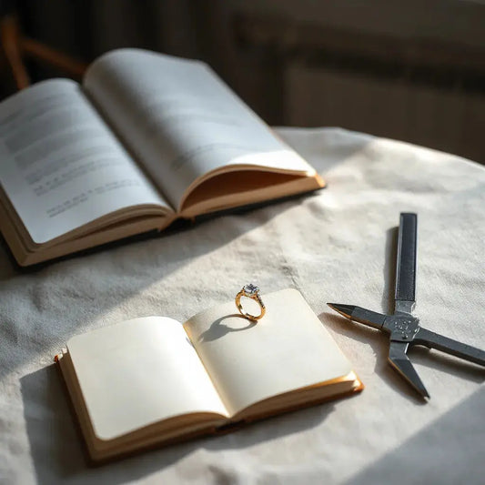 Partly crafted engagement ring on a jeweler’s bench with tools and a gemstone setting