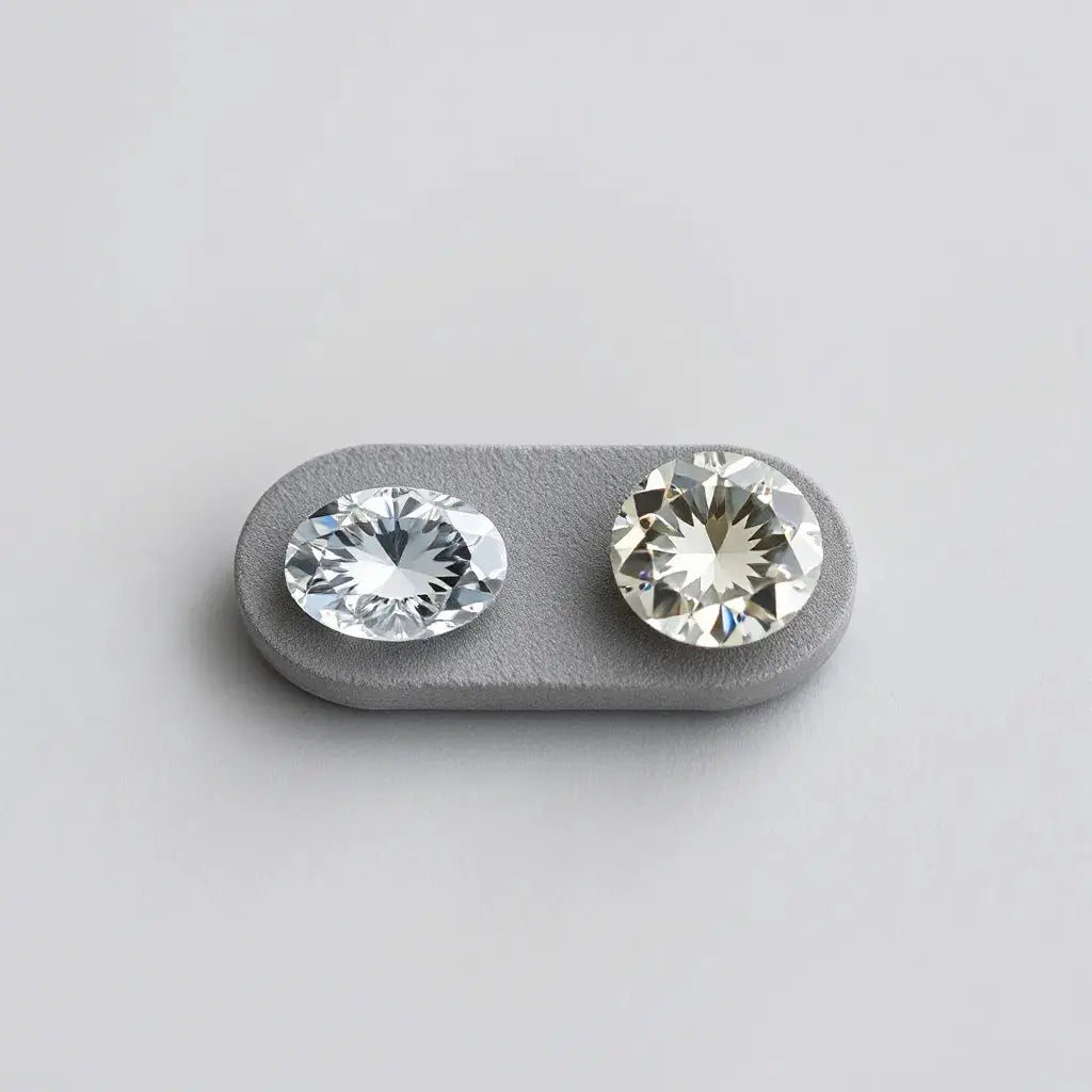 Two loose diamonds side by side showing oval and moval cut shapes on a neutral background