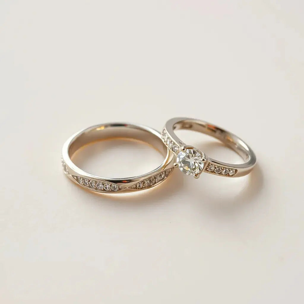 Two pavé set rings with micro-studded stones catching light on a neutral background