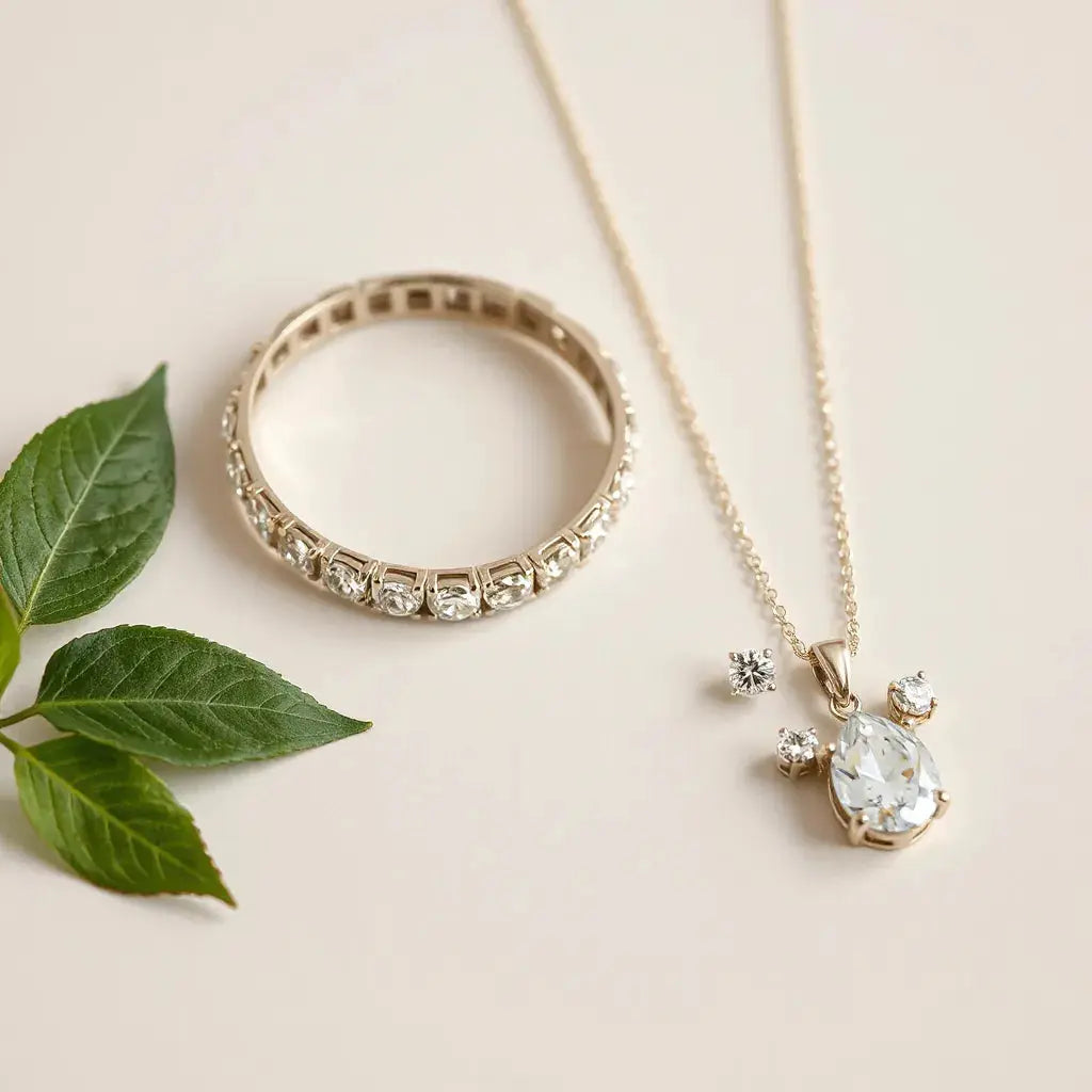 Bold diamond pendant and bracelet set styled with matching stud earrings on a neutral background