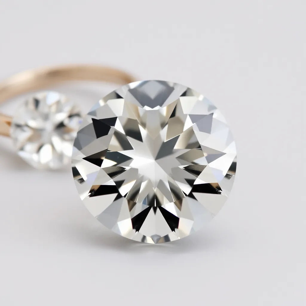 Brilliant-cut diamond showing crisp facets and light reflections on a neutral background
