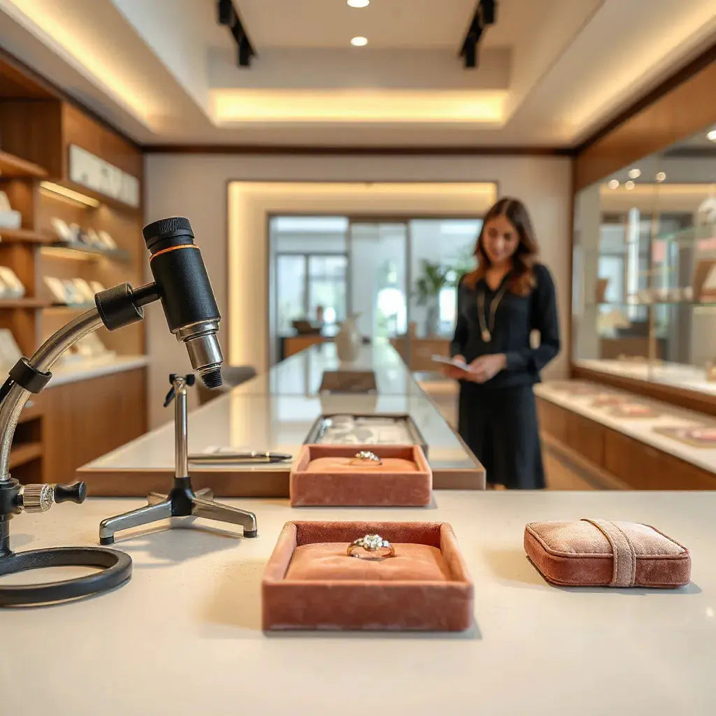 Jewellery store interior with rings on velvet trays and a jeweller’s loupe on the counter