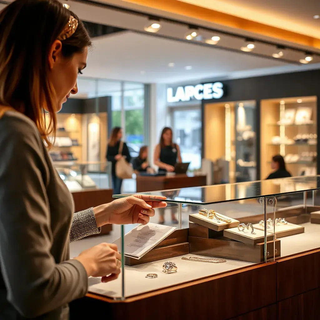 Jewellery display with rings and a customer browsing at a modern shopping centre