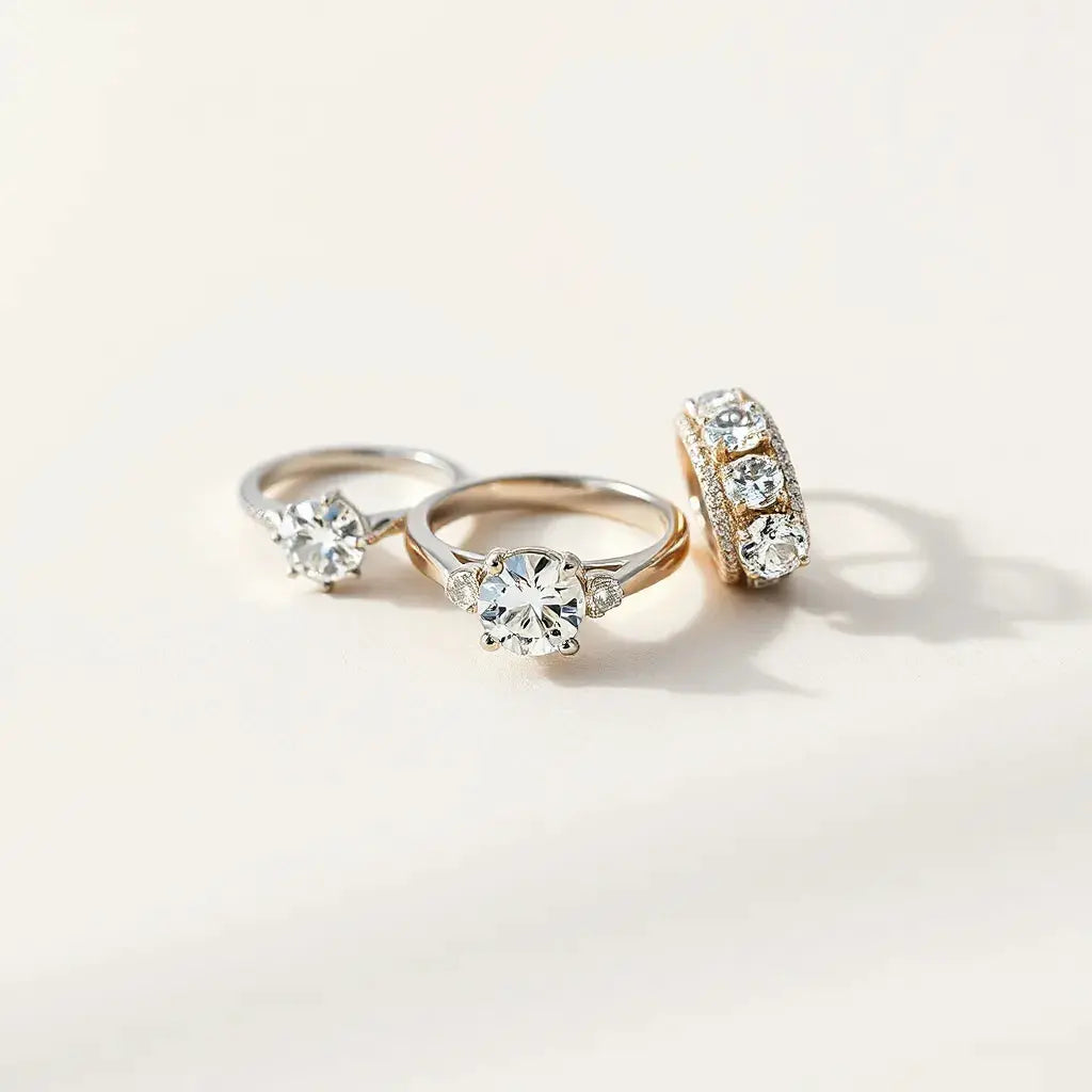 Three elegant moissanite rings with sparkling stones in solitaire, halo, and three-stone styles