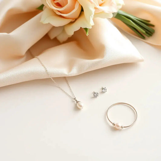 Delicate bridal necklace, matching earrings, and bracelet arranged on soft satin in natural light