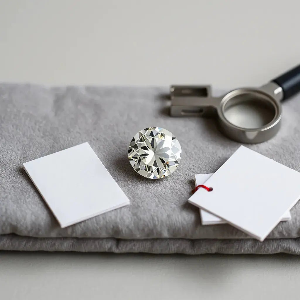 Portuguese cut diamond with visible facets on gray velvet beside a jeweler’s loupe