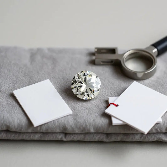 Portuguese cut diamond with visible facets on gray velvet beside a jeweler’s loupe