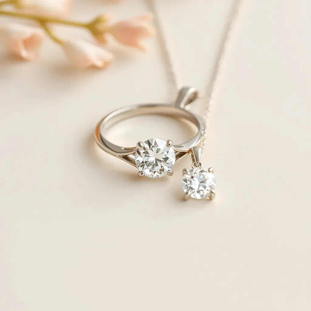 Diamond ring and pendant with sharp facets, displayed on a neutral background under soft natural light