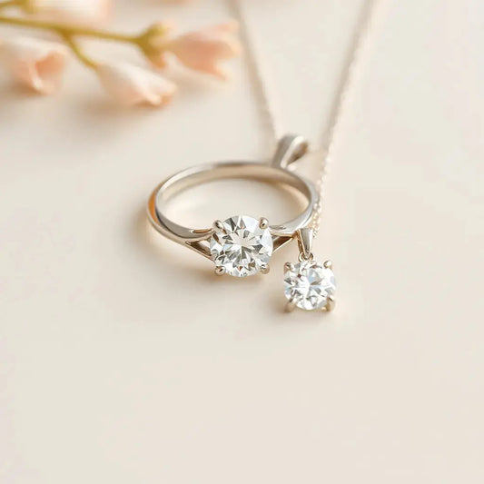 Diamond ring and pendant with sharp facets, displayed on a neutral background under soft natural light