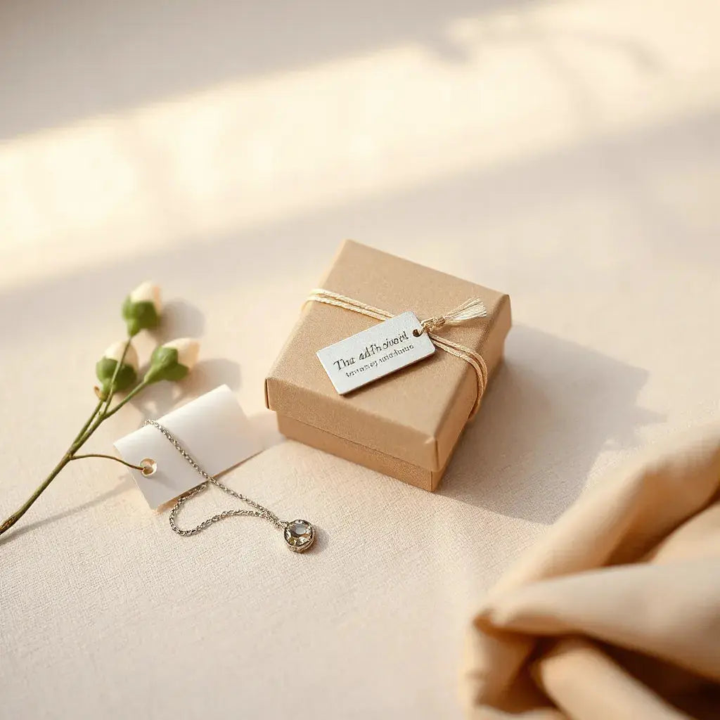 Elegant gift box with engraved tag and fine jewelry on a neutral background