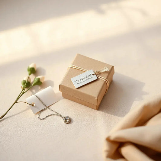 Elegant gift box with engraved tag and fine jewelry on a neutral background