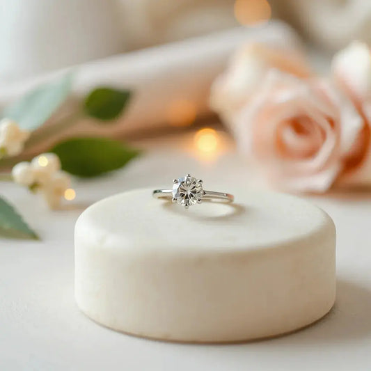 Classic solitaire engagement ring with diamond centered on a light, elegant background