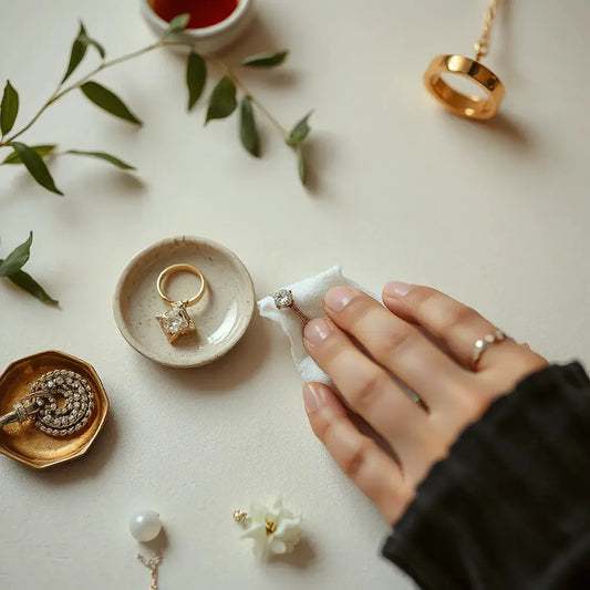 Hand polishing a gold fine jewellery ring with a soft cloth on a light background