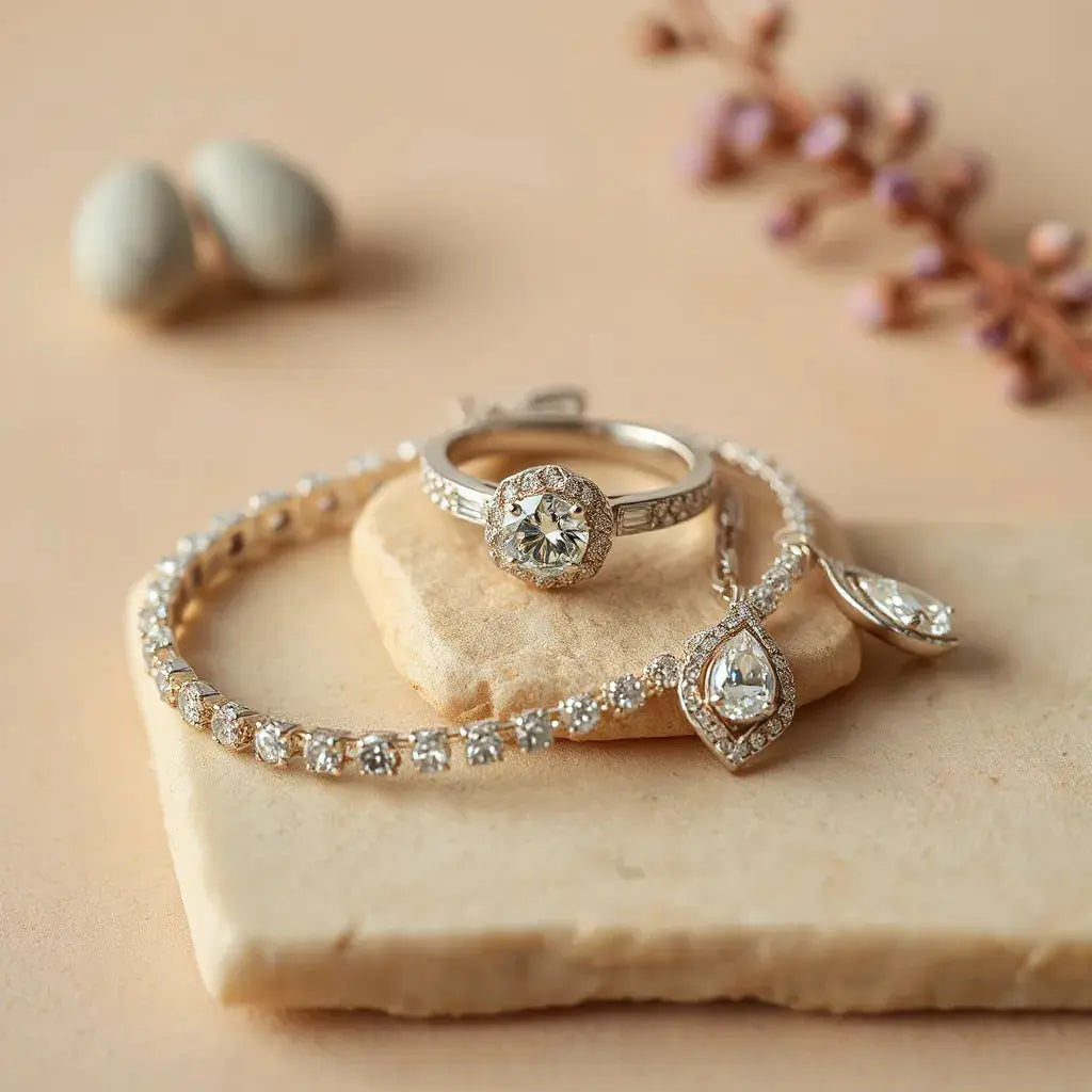 Diamond ring, bracelet, and drop earrings arranged on a neutral stone surface under soft light