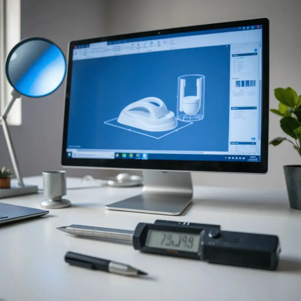 Computer screen showing a detailed 3D CAD model with tools like a stylus and caliper on the desk
