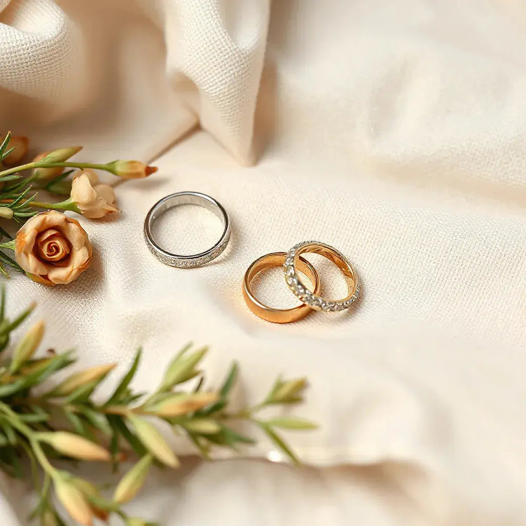 Two matching wedding rings with subtle reflections on light fabric with natural greenery in the background