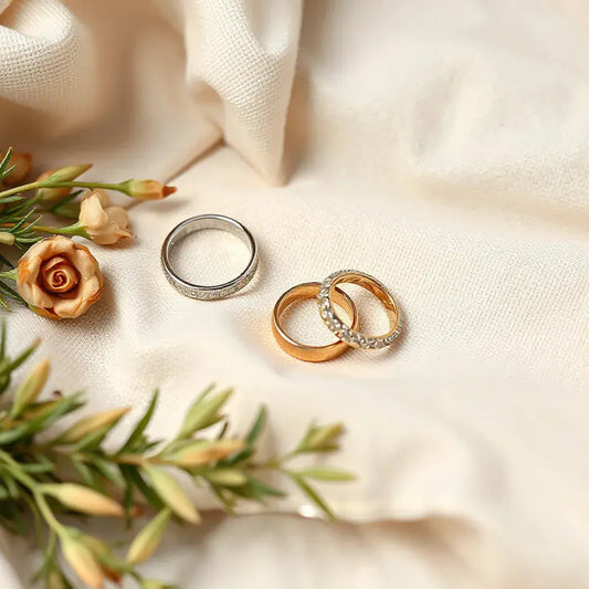 Two matching wedding rings with subtle reflections on light fabric with natural greenery in the background